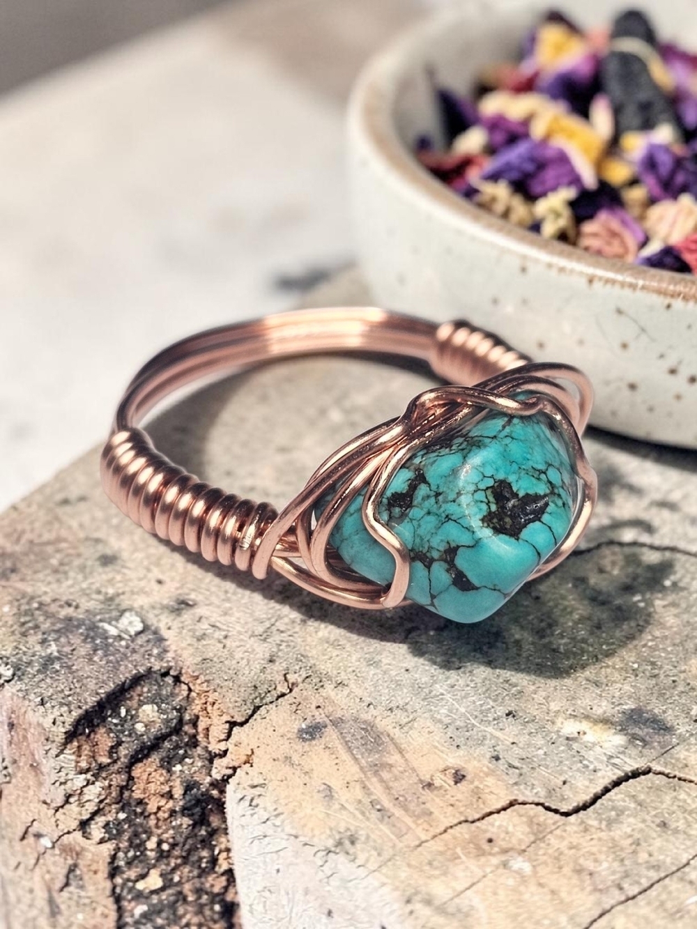 Turquoise Stone Copper Wire Wrapped Ring - Women Jewelry